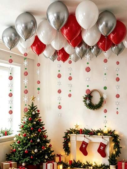 32pcs Christmas Candy Theme Balloon Set, Includes Candy Snowflake Decorations And Metallic Silver, Matte Red, White Latex Balloons, Suitable For Christmas Theme, Birthday, Christmas Eve, Candy Party, Wall Decoration, Ideal For Christmas, Prop Photography Decoration