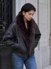 Women's Chic Mocha Brown PU Wrap Front Bomber Jacket Contrast Faux Fur Shawl Collar Elastic Hem Fall Outfits Autumn Clothes Going Out - Mocha Brown - View 2