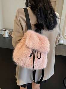 Luxury Soft Plush Women's Backpack Winter Solid Color Furry Shoulder Handbag Fashion Ladies Schoolbag For Females - Pink - View 3