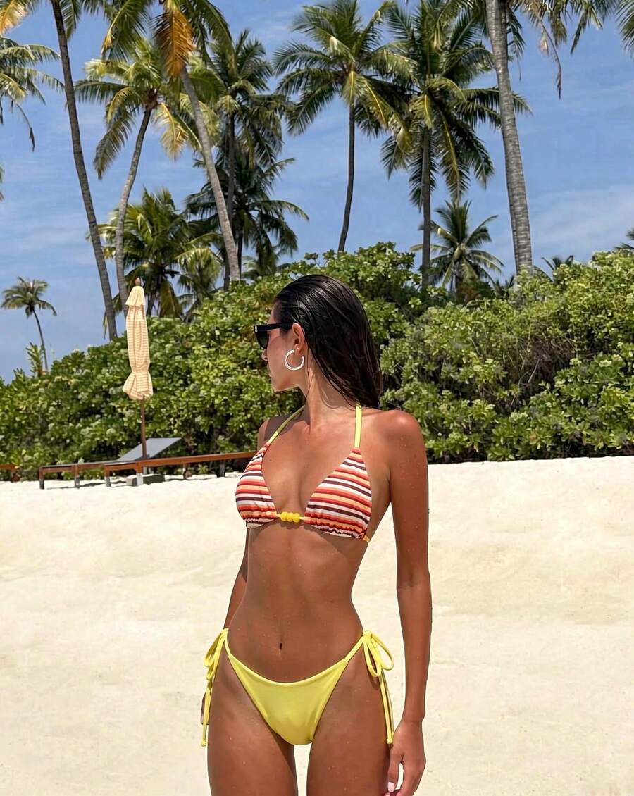 Valentine's Day Spring/Summer New Vibrant Colorblock Striped Halter Bikini Beach Vacation Party Date Sexy Two Pieces Swimsuit Set - Multicolor - View 1