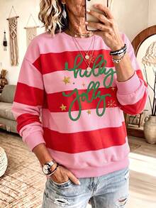 Christmas, Women's Striped Color Block Christmas Pattern, Suitable For Winter, Women's Casual Drop Shoulder Long Sleeve Crew Neck Sweatshirt - Multicolor - View 4