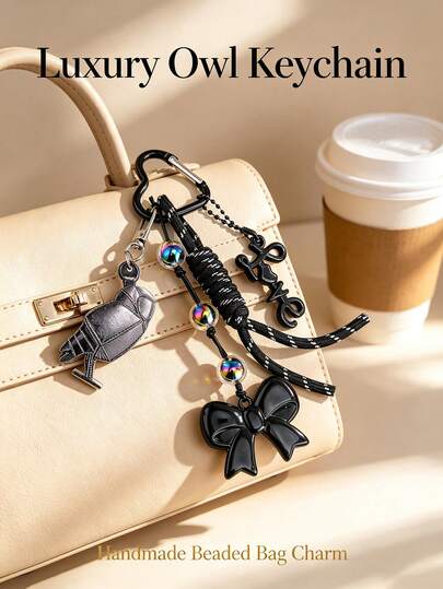 Beaded Keychain Luxury Heavy-Duty Original Owl Keyring Elegant Versatile Elegant Bag Charm Fashionable Chic Handmade Woven Car Key Phone Pendant Handbag Decoration DIY Backpack Charm Valentine's Day Mother's Day Halloween Gift Phone Lanyard