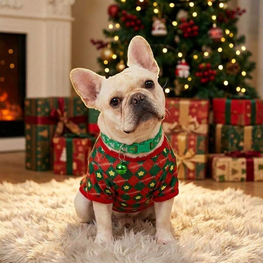2pcs Dog Christmas Outfit Set, Red & Green Santa Print Pet Vest With Bell Collar, Winter Clothes For Small And Medium Dogs