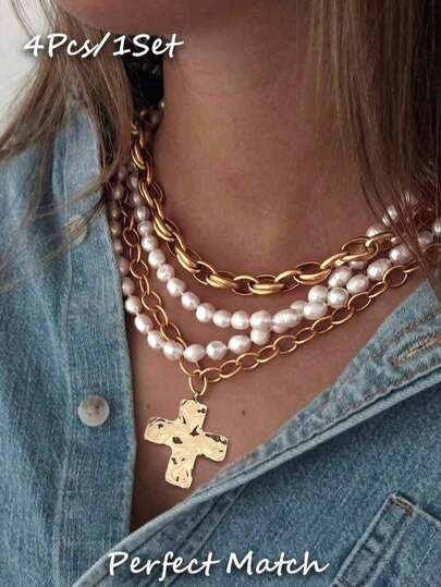 4pcs Vintage Elegant Minimalist Bohemian Style Women's Multi-Layer Pearl Cross Pendant Necklace, Suitable For Daily Wear, Party, Date, Wedding, Gift