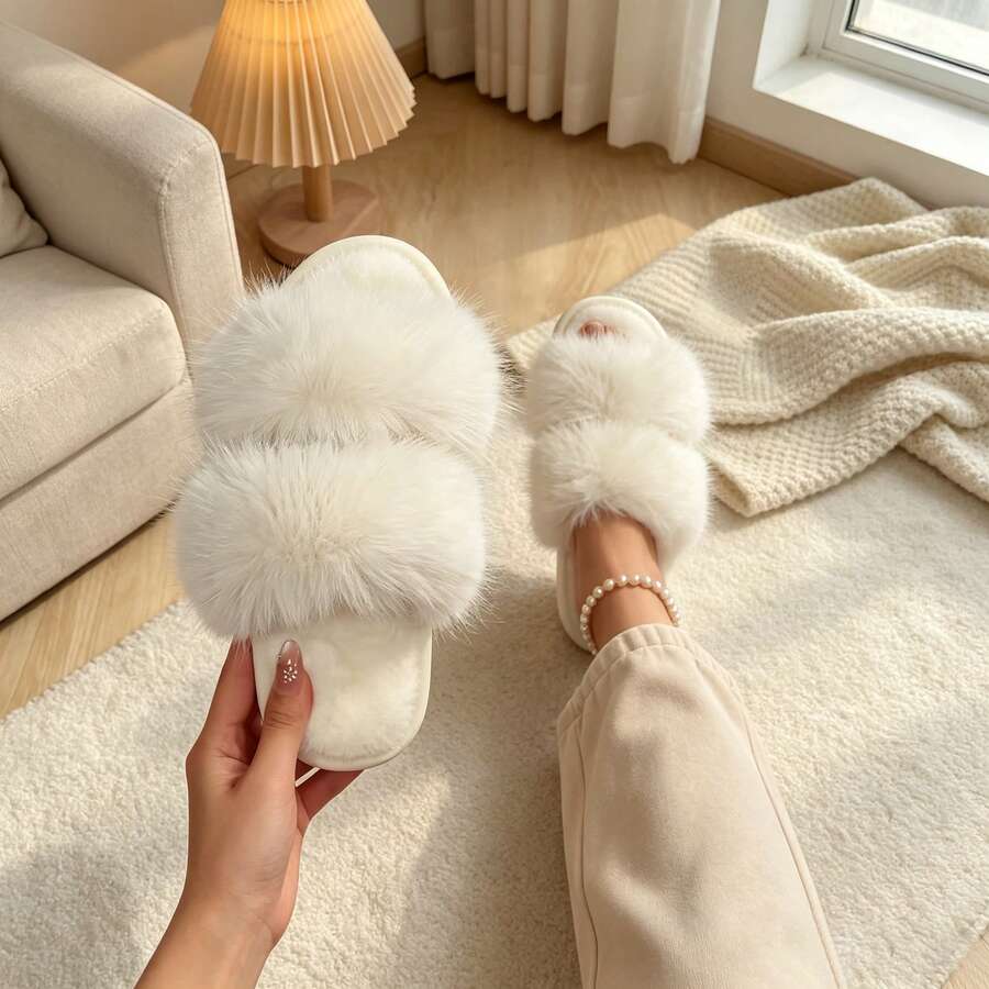 Women's Two Band Faux Fur Slide Slippers, Fluffy Open Toe House Slippers, Soft Non-Slip Indoor Bedroom Home Shoes - White - View 1