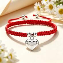 1Pc Multicolor Handmade Braided String Bracelet Silver Big Heart Pendant Rope Bangle For Women Couple Cute Casual Jewelry Gift - Large Silver Heart - View 3