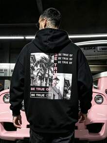 DOPE | 秋冬黑色連帽衛衣，復古建築與椰子樹印花，寬鬆版型，百搭男士運動衫 - 黑色 - 查看 4