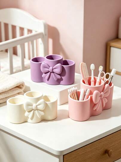 1pc Cute 3D Bow Desktop Storage Organizer, 3 Compartment Holder, Nursery Tabletop Storage Bin For Baby Hair Clips And Small Sundries, Decorative Room