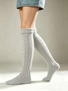 1 Pair Thick Knitted Cable Knit Knee-High Socks, Warm Casual Daily Wear, Comfortable Socks - Light Grey - View 3