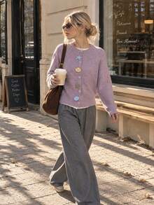 Women's Lilac Knitted Cardigan With Seashell & Starfish Buttons, Round Neck Long Raglan Sleeve Regular Fit Top For Fall & Winter - Lilac Purple - View 5