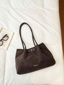1pc Coffee Brown PU Leather Tote Bag With Strap Decor, Large Capacity Solid Color Shoulder Bag For Women - Coffee Brown - View 4