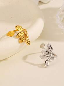 2pcs/Set Stainless Steel 18K Gold Plated Minimalist Leaf Ring Set Suitable For Women's Daily Wear And Shopping - Multicolor - View 7