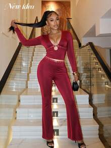 NEW IDEA Women's Sexy Burgundy Fall Winter Two‑Piece Set, Deep V Long Sleeve Crop Top + High Waist Flare Pants For Night Out, Party, Going Out - Burgundy - View 2
