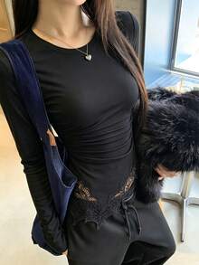 Women's Round Neck Long Sleeve T-Shirt, Spring/Autumn New Lace Trim And Ruched Waist Design, Casual Versatile Slim Fit Solid Color Top, Fashionable Daily Wear - Black - View 10