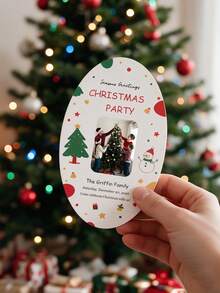 Personalized Oval Cards, Customized Photo And Text, Customized Family Photo Christmas Party Invitation, Merry Christmas Holiday Greeting Card, For Christmas Party Celebration, Customized Christmas Family Gathering Invitation Card, Gift Card/Gift Card/Blessing Card/Invitation/Commemorative Card - Multicolor - View 7