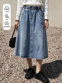 1pc Tween Girls Fashion Versatile Snowflake Denim Skirt, Simple Loose A-Line Mid-Length Skirt, Comfortable For All Seasons - Medium Wash - View 1