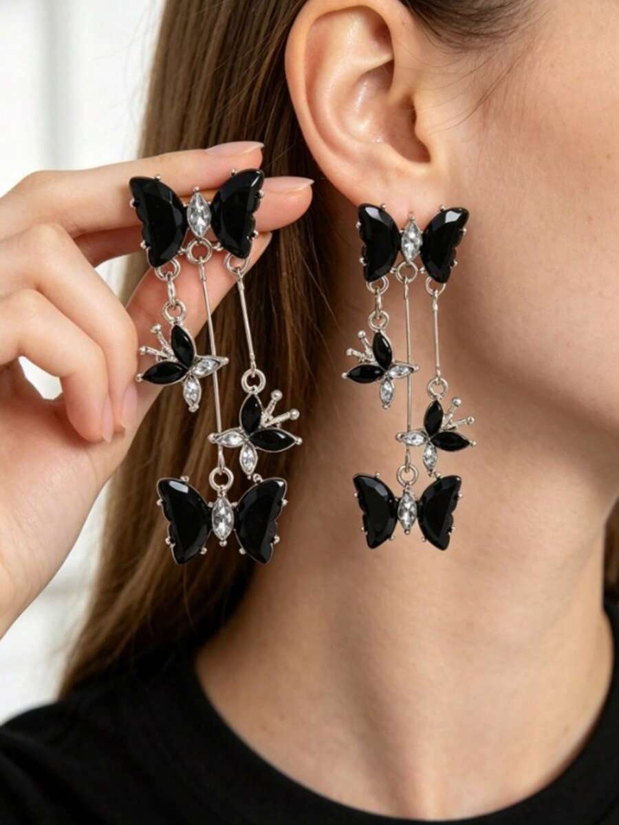 New Butterfly Flying Fairy Tassel Stud Earrings, Exquisite Luxury Elegant Cool High-End Fashion Ear Jewelry - Black - View 1