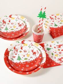 10/20pcs Christmas Disposable Paper Tableware Set (Includes 7-Inch And 9-Inch Plates, Cups, Napkins, Straws), Printed With Reindeer, Christmas Tree, Bell, Gift, Sleigh And Red Border Patterns, Suitable For Christmas Party, Holiday Dinner, Winter Celebration And Holiday Table Setting. - Multi-color 11 - View 6