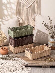1pc Woven Willow Basket With Wooden Handle And Paper Rope, Multipurpose Storage Bin, Suitable For Daily Home Organization. Ideal For Kitchen, Bathroom, Bedroom, Living Room, Dorm And Office. Perfect For Countertop, Shelf, Vanity, Stylish Home And Farmhouse Decor - Multicolor - View 2