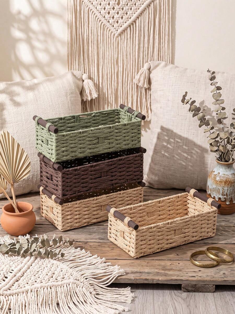 1pc Woven Willow Basket With Wooden Handle And Paper Rope, Multipurpose Storage Bin, Suitable For Daily Home Organization. Ideal For Kitchen, Bathroom, Bedroom, Living Room, Dorm And Office. Perfect For Countertop, Shelf, Vanity, Stylish Home And Farmhouse Decor