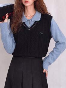 Women's Preppy Cable Knit Pullover Vest, V-Neck Fashion Warm Knit Sweater, Versatile Layering Essential - Black - View 4