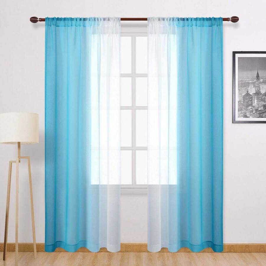 2pcs Modern Gradient Print Sheer Curtains, Translucent Polyester Material, Suitable For Living Room, Bedroom, Kitchen - Rod Pocket Design, Machine Washable, Living Room Curtains - Blue - View 1