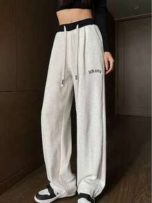 GRIM PANDA Women's Spring Autumn Wide Leg Sweatpants, Contrast Elastic Waist Drawstring Pants, Letter Embroidery Loose Soft Breathable Daily Streetwear Trousers - Light Grey - View 4