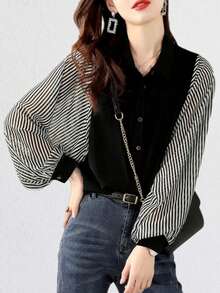 YUXIN Spring & Summer Korean Style Striped Patchwork Blouse, Lantern Sleeve Chiffon Patchwork, Loose Fit, Casual Daily Wear Top For Women - Stripe - View 4