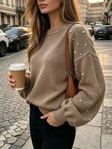 Solid Color Round Neck Beaded Casual Loose Knit Pullover Top - Light Brown - View 5