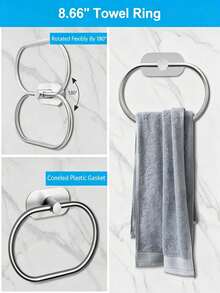Stainless Steel Bathroom Accessories, Thickened Towel Bar With Towel Ring, Drill-Free Clothes Hook, Toilet Paper Holder, Bathroom Storage Rack, Suitable For Kitchen, Laundry Room - Silver - View 6