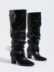Autumn/Winter Fashion Hot-Selling Women's Pointed Toe Ruched High Heel Suede Knee-High Slip-On Black Elegant Boots - Black - View 6