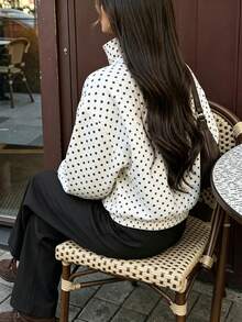 女款秋冬時尚波點高領拉鍊設計落肩長袖休閒夾克，波點外套，返校穿搭，秋季夾克，秋冬夾克/外套 - 白色 - 查看 5