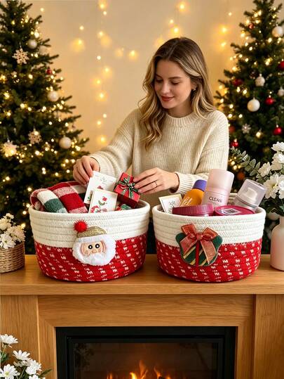 Cesta de Armazenamento Trançada de Corda de Natal, Caixa Organizadora de Mesa Criativa de Papai Noel para Cosméticos, Pequenos Itens de Entrada, Chaves, Armazenamento de Controle Remoto, Decoração de Casamento e Natal