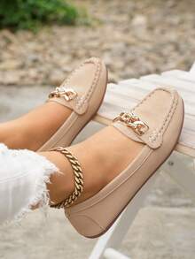 Women's Spring New Gold Chain Elegant Slip-On Loafers, Lightweight Comfortable Versatile Rubber Flat Shoes - Khaki-chain - View 3