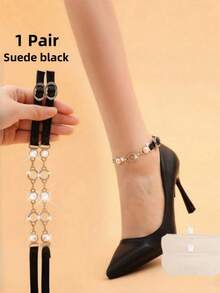 1/3 Pair Faux Pearl Solid Color Minimalist Practical Multi-Functional Elegant Black High Heel Sandals With Gold Chain Ankle Strap - Adjustable, Non-Slip, Invisible Buckle Design, Fashion Footwear, Shoe Style | Gold Chain Detail | PVC Material - Multicolor - View 17