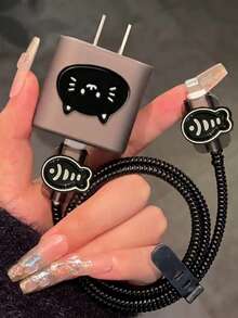 1 Set Korean Style Cool Black Cat Fish Bone Protector Set, Soft Shell Anti-Fall Anti-Scratch Protective Case Extends Lifespan, Minimalist Dark Style Compatible With Iphone 18-20W Charger, Can Be Used As Birthday, Holiday Creative Small Gift - Black Cat Little Fish - View 1