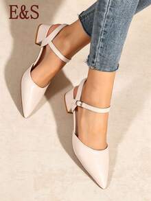 Women's Beige Pointed Toe Ankle Strap Slingback Pumps, Low Chunky Heel Elegant Casual Dating Commuting Formal Shoes - Beige - View 2