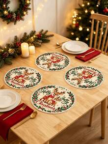 1/2/4pcs Christmas Placemats, Reindeer And Berry Elements, Round Design, Linen Material, Suitable For Christmas Decoration, Family Gatherings, Parties, Table Decor, Holiday Decor, Indoor Decor. - Multiple Styles - View 5