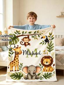 Personalized Animal Blanket, Customized Name Giraffe Elephant Lion Monkey Throw Blanket, Soft All-Season Children's Blanket, Suitable For Baby Room Bedroom Travel Gift - Multicolor - View 1