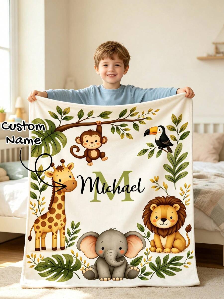 Personalized Animal Blanket, Customized Name Giraffe Elephant Lion Monkey Throw Blanket, Soft All-Season Children's Blanket, Suitable For Baby Room Bedroom Travel Gift - Multicolor - View 1