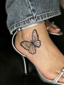 1pc Herbal Juice Semi-Permanent Magic Tattoo Sticker, Minimalist Fashion Butterfly Design, Long-Lasting 14 Days, Non-Fading, Non-Reflective, Temporary Tattoo Sticker For Arm, Shoulder, Neck, Collarbone, Leg And Body - Blue - View 2