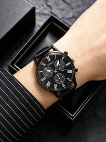 4pcs A Luxury Men's Watch And Accessory Set Featuring A Business-Casual Style; An Ideal Gift For Father's Day, Birthdays, Or Everyday Wear. - Black - View 2