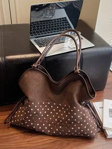 Letter Wave Dot Large Capacity Women's Bag, Fashionable And Versatile Multi-Functional Shoulder Tote Bag, PU Material Daily Commuting Large Bag - Coffee Brown - View 7