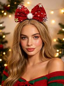 2/1pc Christmas Shiny Red & Green Sequin Large Bow Headband With Snowflake, Star And Pom Pom Decor, Women's Autumn/Winter Holiday Party Hair Accessory - Multicolor - View 2