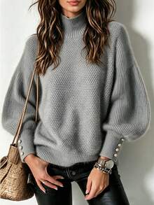 Women's Fall Winter Heather Gray Waffle Knit Mock Turtleneck Lantern Sleeve Pearl Button Cuff Oversized Sweater, Elegant Casual Daily Office Wear - Grey - View 3
