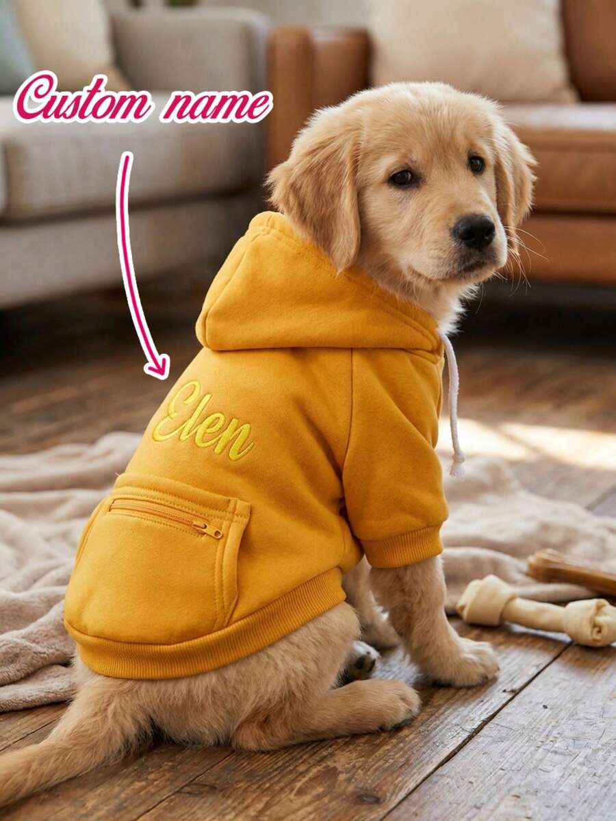 Custom Embroidered Name Dog Hoodie, Warm Pet Hooded Sweatshirt With Zipper Pocket, Fall‑Winter Daily Wear For Small Dogs, Personalized Custom Present, Birthday & Holiday Keepsake Gift For Puppies - 1 Set - View 1