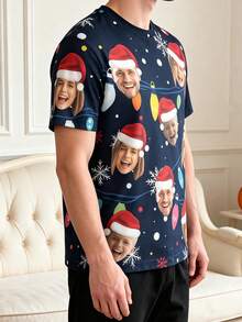 1pc Unisex Customized Multi-Photo Navy Blue Christmas Light Snowflake T-Shirt, Personalized Short Sleeve Top, Casual Holiday Outfit Gift - Multicolor - View 6