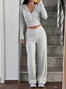 GLAMSKIN Women's Autumn Mixed Gray 2 Pieces Set, Zipper Hooded Ruched Top + High Waist Wide Leg Pants, Sporty Casual Loungewear Set - Light Gray - View 1