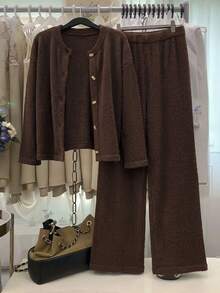 Women's Fall Winter 2 Piecesa Stylish Brown Soft Knitted Cardigan Paired With Wide-Leg Knit Pants, Perfect For Everyday Wear And Commuting. - Brown - View 5