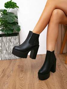 Women's Round Toe Thick Sole Ankle Boots With Side Elastic Panel Design, Chunky Heel Silhouette, Daily Fashion Boots - Black - View 3